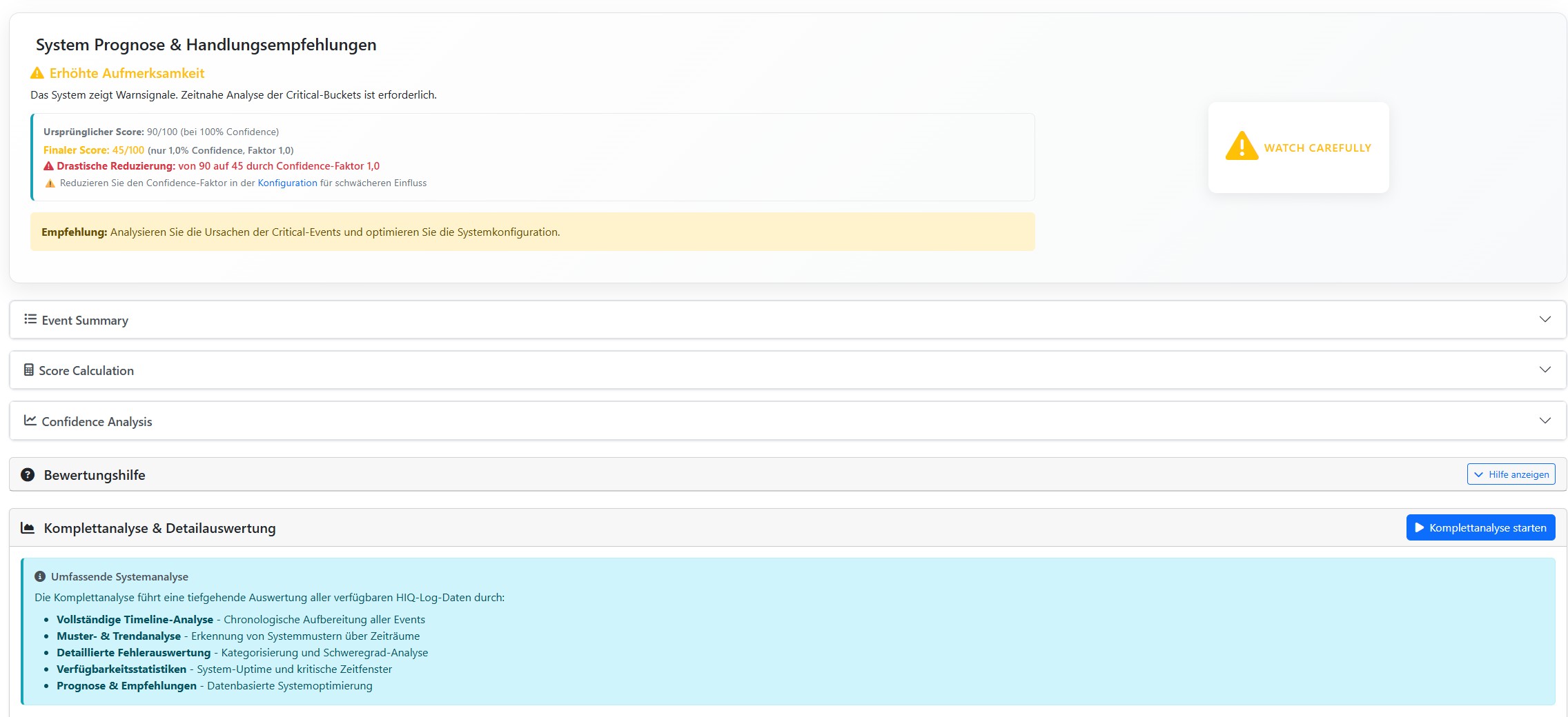 OS‑VISU Prognose und Handlungsempfehlungen – Score mit Confidence‑Faktor und Warnhinweisen