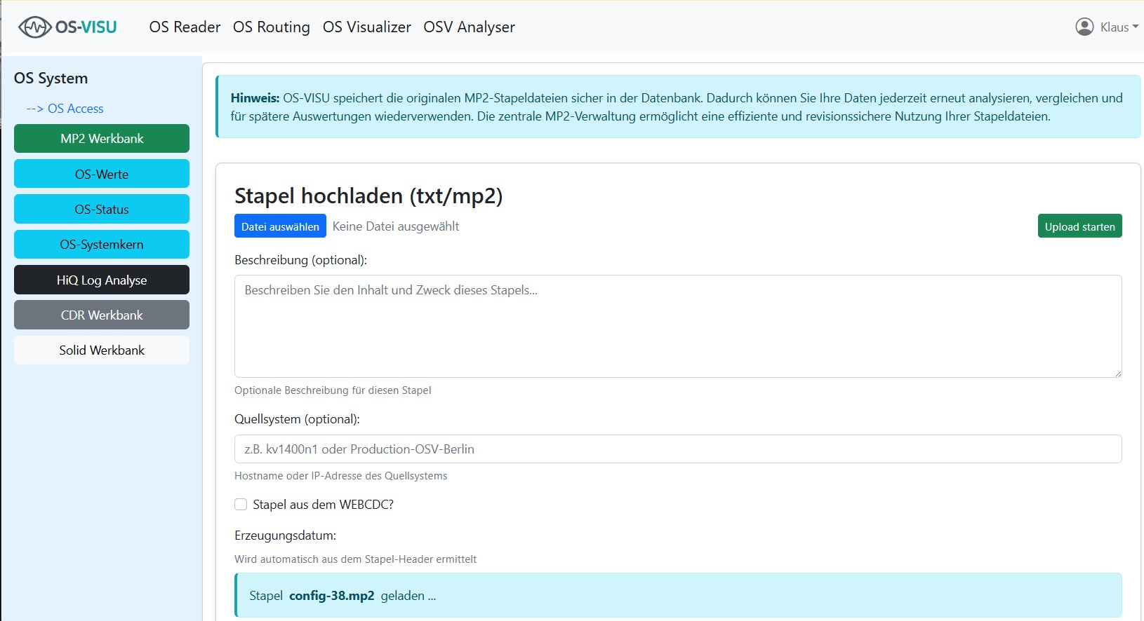 MP2-Reader Upload-Interface mit Statistiken und Erfolgs-Meldung